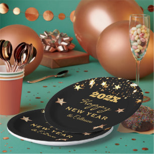 Name on Festive Happy New Year 9-in Round Paper Plate