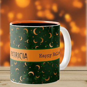 Name on Halloween Bokeh Moons & Stars 11oz Two-Tone Coffee Mug