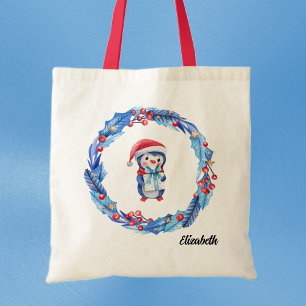 Name on Holiday Blue & Red Penguin Wreath Tote Bag