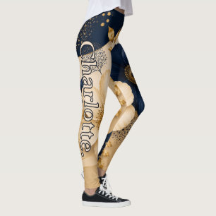 Name on Navy Blue & Gold Botanical Floral Pattern Leggings