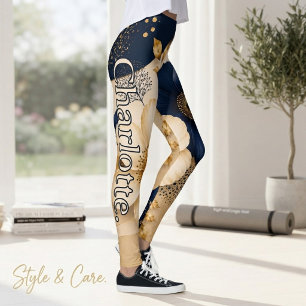 Name on Navy Blue & Gold Botanical Floral Pattern Leggings
