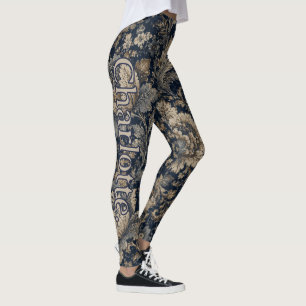 Name on Navy Gold Botanical Textile Pattern Leggings