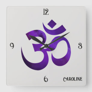 Name on Purple Space Om Symbol 10.75-in Square Wall Clock