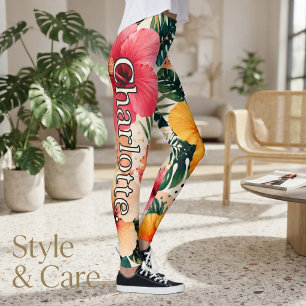 Name on Vibrant Tropical Hibiscus Floral Pattern Leggings