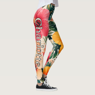 Name on Vibrant Tropical Hibiscus Floral Pattern Leggings