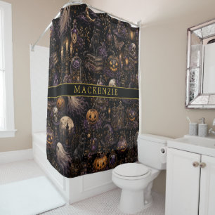 Name on Vintage Gothic Halloween Spooky Pattern Shower Curtain