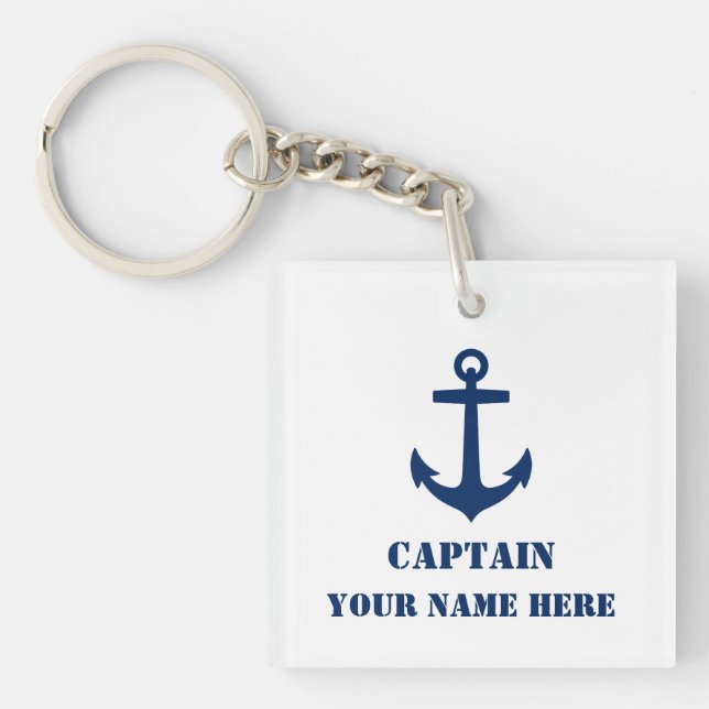 Name or Boat Name Nautical Anchor Navy Blue White Key Ring (Front)