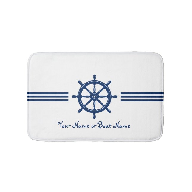 Name or Boat Nautical Ships Wheel Helm Navy Bath Mat (Front)