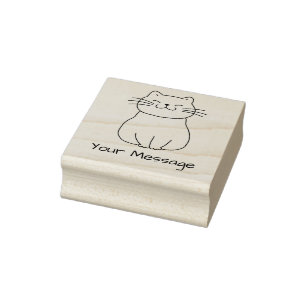 Name or Message with Cute Smiling Cat Drawing Rubber Stamp