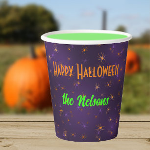 Name, Orange Creepy Spiders in Webs 8oz Paper Cups