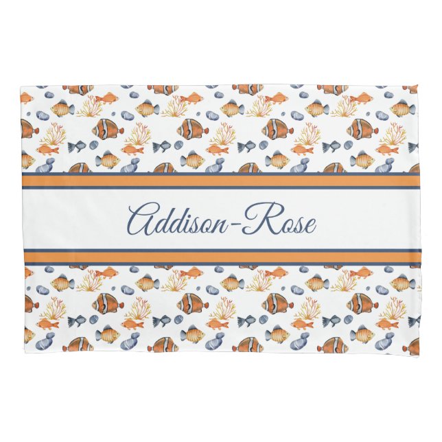 Name Orange White Tropical Fish Pattern Nursery Pillowcase (Front)