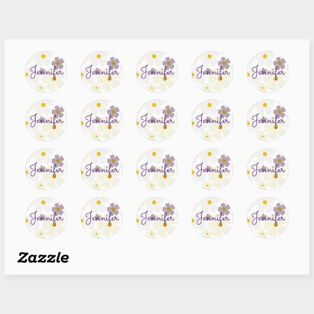 Name Over Pale Cream and Purple Flowers Classic Round Sticker (Sheet)
