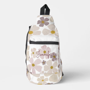 Name Over Pale Cream and Purple Flowers Sling Bag