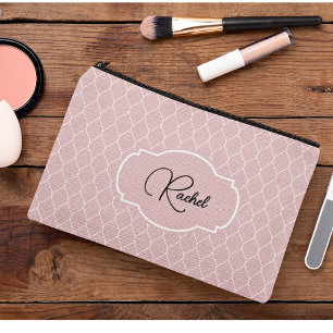 Name Pale Blush Pink Stylish Trellis Pattern Accessory Pouch