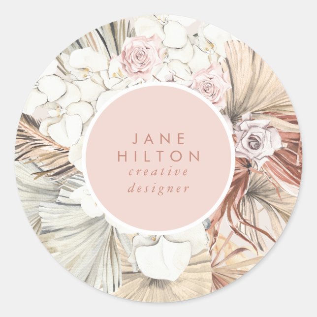 Name Pampas Grass Floral Company Boho Pink  Classic Round Sticker (Front)