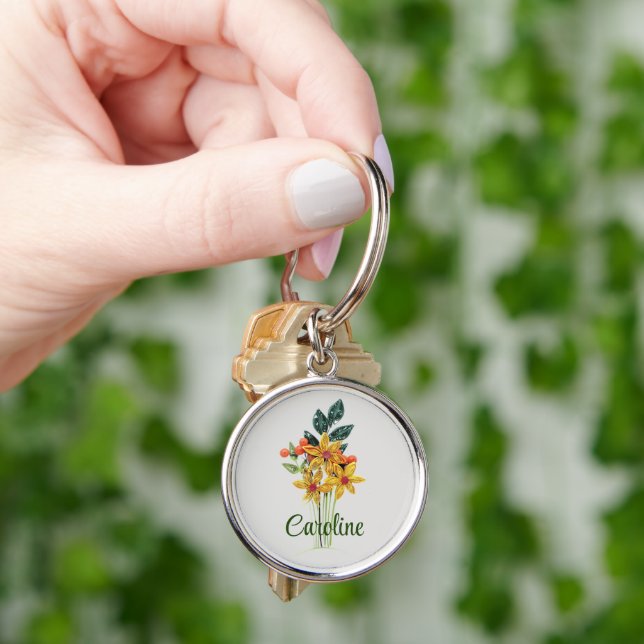 Name, Paper Quilled Flowers, Small Round Silver Key Ring (Hand)