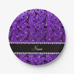 Name paris eiffek tower indigo purple glitter paper plate