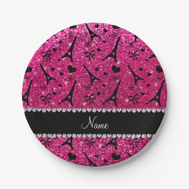 name paris eiffel tower neon hot pink glitter paper plate (Front)