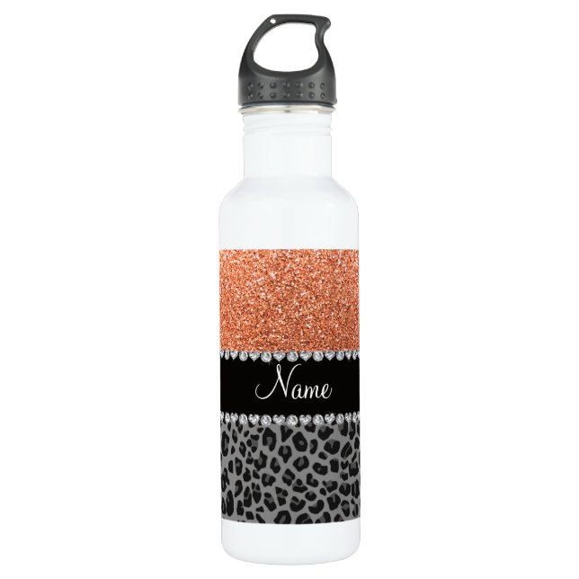 Name pastel orange glitter black leopard 710 ml water bottle (Front)