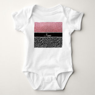 Name pastel pink glitter black leopard baby bodysuit
