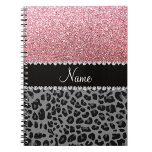 Name pastel pink glitter black leopard notebook