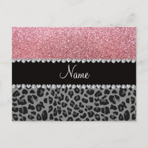 Name pastel pink glitter black leopard postcard