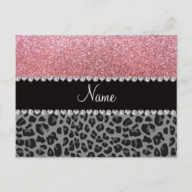Name pastel pink glitter black leopard postcard (Front)