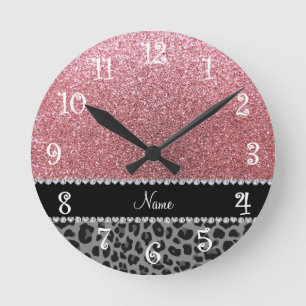 Name pastel pink glitter black leopard round clock