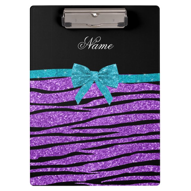 Name pastel purple glitter zebra turquoise bow clipboard (Front)