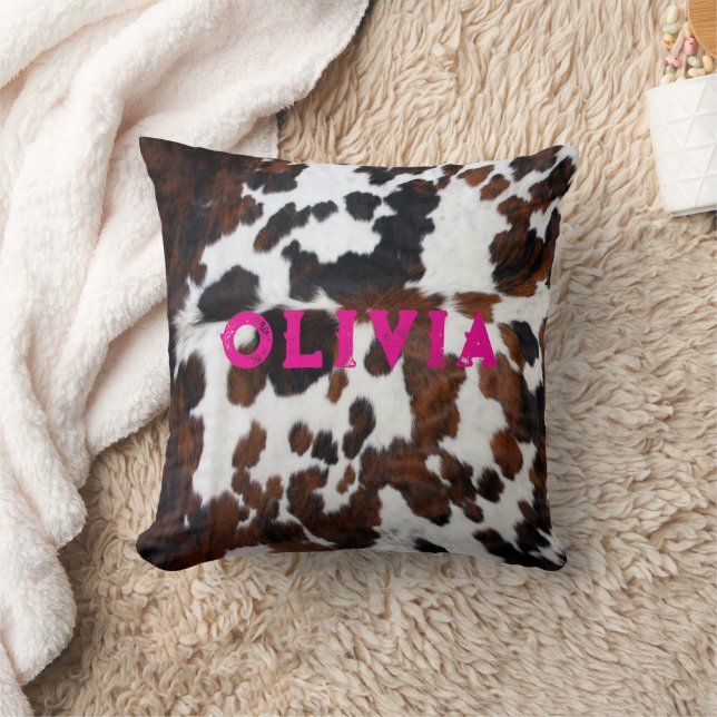 Name Patchwork Cowhide Print Western Rustic Pink Cushion (Blanket)