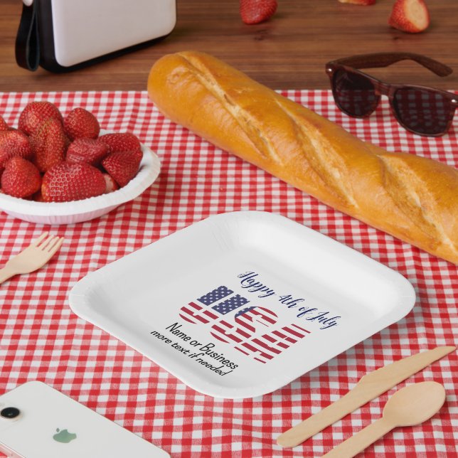 Name, Patriotic USA Stencil July 4th Square Party Paper Plate (Picnic)
