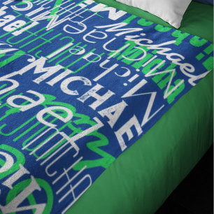 Name Pattern Blue Green Stamped Allover  Fleece Blanket