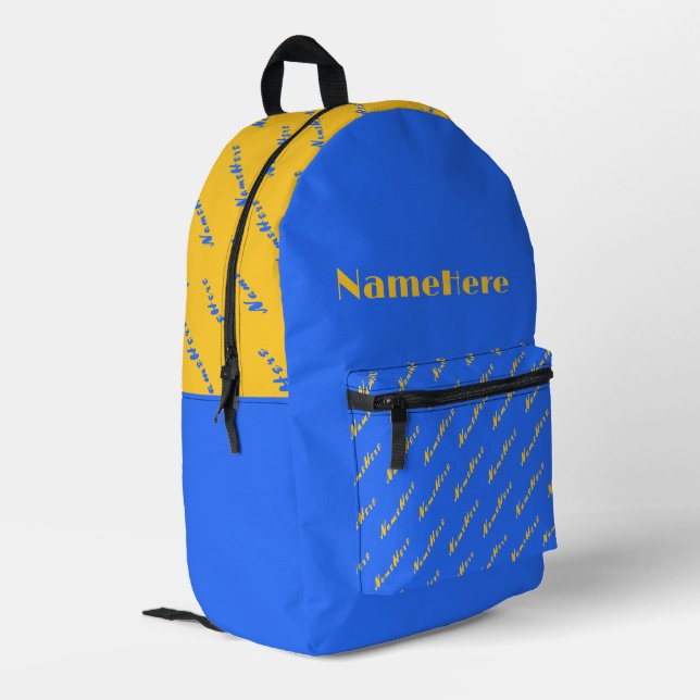 Name Personalisation Bright Sun Yellow Royal Blue Printed Backpack (Back Corner Left)