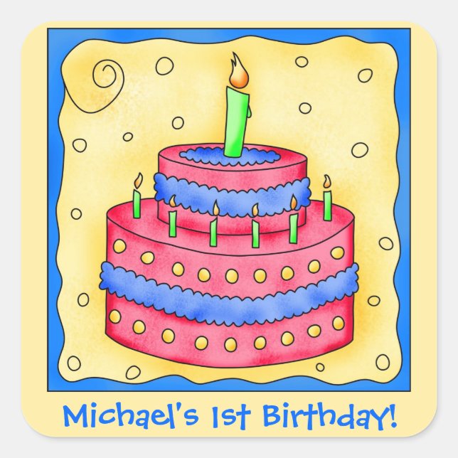 Name Personalise Boy First Birthday Party Cake Art Square Sticker (Front)