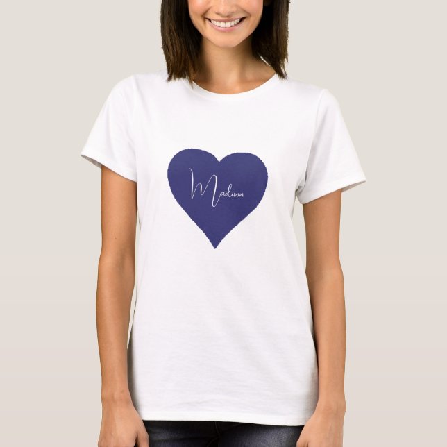 Name Personalised Dark Blue Heart Custom T-Shirt (Front)