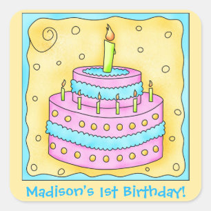 Name Personalised First Birthday Party Cake Art Square Sticker