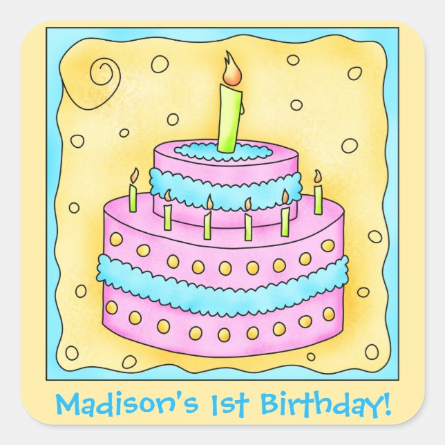 Name Personalised First Birthday Party Cake Art Square Sticker (Front)