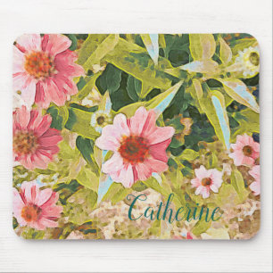 Name Personalised Pink Coneflower Green Leaves Art Mouse Mat
