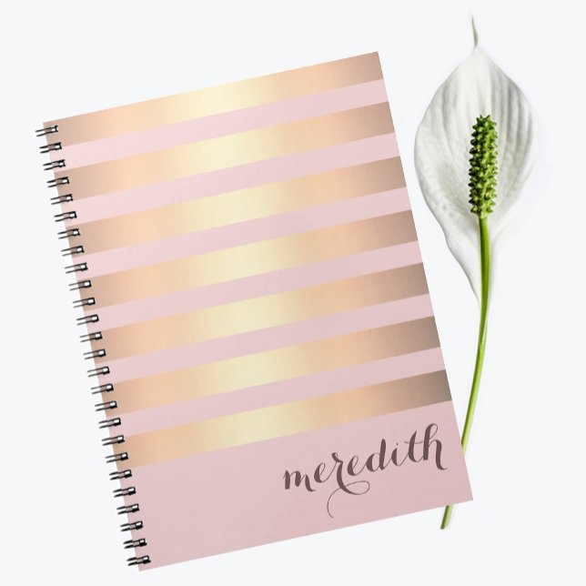 Name Personalised Pink/Gold Metallic Striped Notebook (Creator Uploaded)