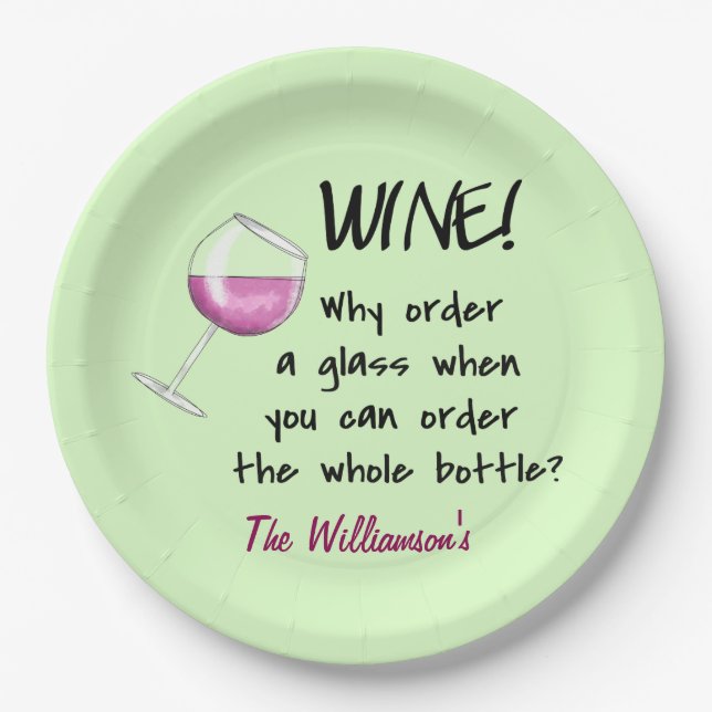 Name Personalised Red Wine Funny Saying Green Paper Plate (Front)