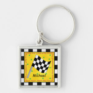 Name Personalizd Black White Chequered Flag Key Ring
