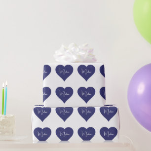 Name Personalized Dark Blue Heart Custom  Wrapping Paper
