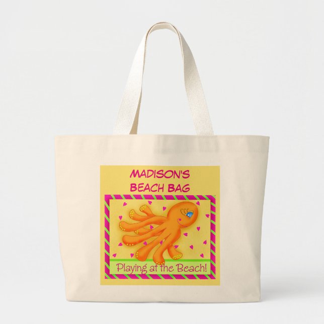 Name Personalized Octopus Yellow Orange Beach Tote (Front)