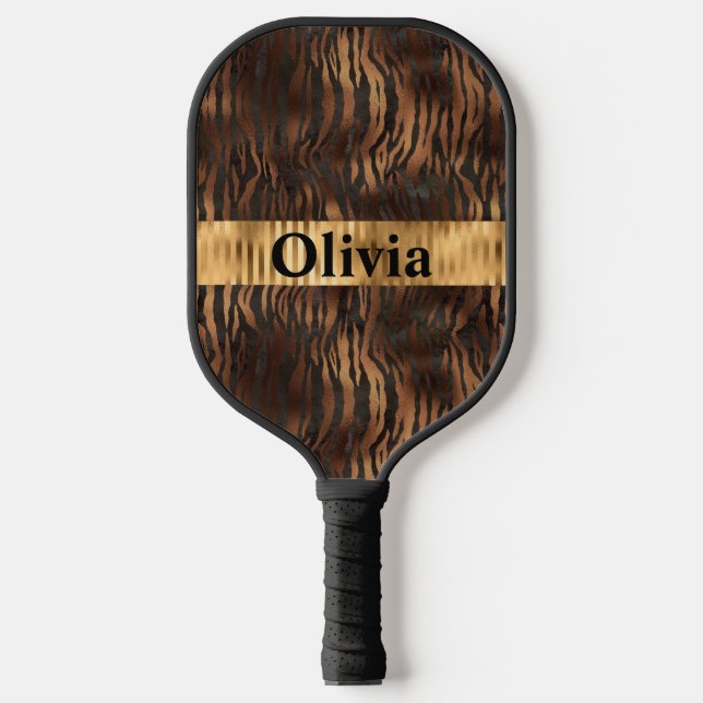 Name Personalized Tiger Print Gold Pickleball Paddle (Front)