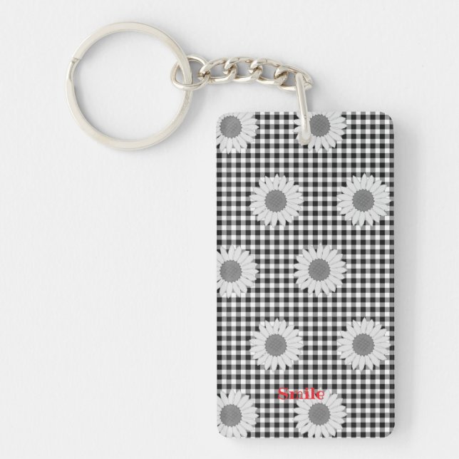 Name Phone Customization Sunflower Check Black Key Ring (Front)