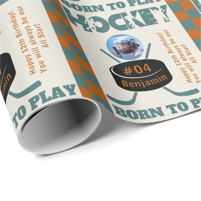 Name Photo Age Jersey Number Sentiment Hockey Wrapping Paper (Roll Corner)