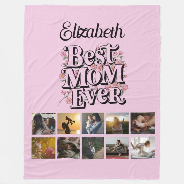 Name Photo Collage Best Mum Ever Retro Typography Fleece Blanket (Front)