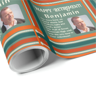 Name Photo Text Minimalist Striped Retirement Wrapping Paper