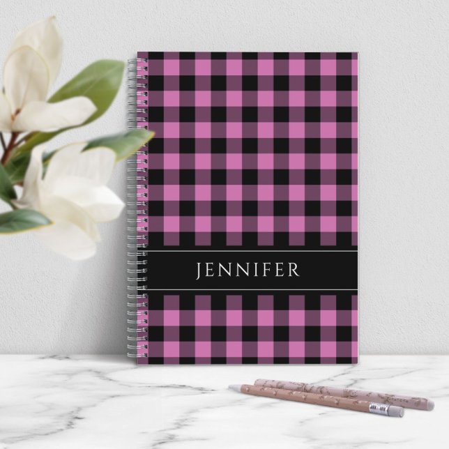Name Pink & Black Checks Plaid Gingham Pattern Notebook (Modern Pink Plaid Name Notebook)