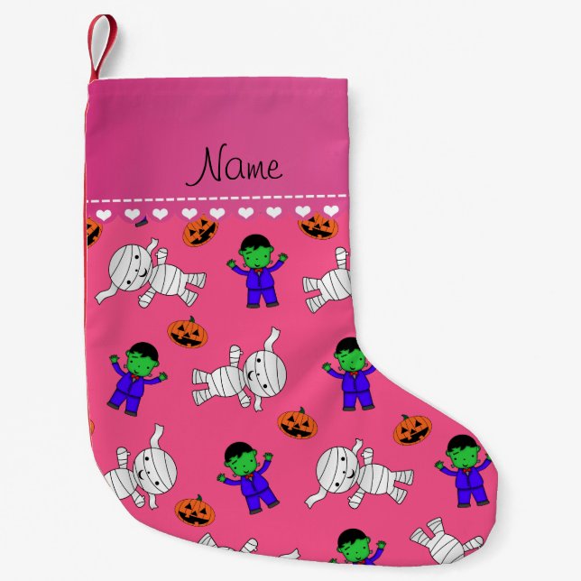 Name pink frankenstein mummy pumpkins small christmas stocking (Front)